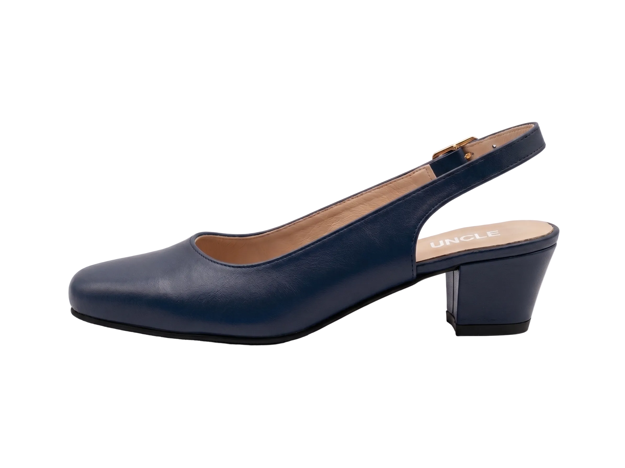 A single navy blue leather slingback pump with a low block heel and gold buckle, shown in profile against a clean white studio background. The brand name 'UNCLE' is visible on the tan insole.