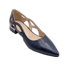A navy blue leather pointed-toe pump with cutout details on the sides and a low block heel, shown on a clean white background.