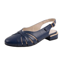 A navy blue leather slingback sandal with cutout straps, a low block heel, and a gold buckle, shown on a reflective white surface.