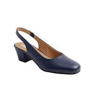 A navy blue leather slingback pump with a low block heel and a tan interior, shown from a three-quarters angle on a light gray background.