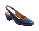 A single navy blue leather slingback pump with a low block heel and a tan insole, photographed on a clean white background.