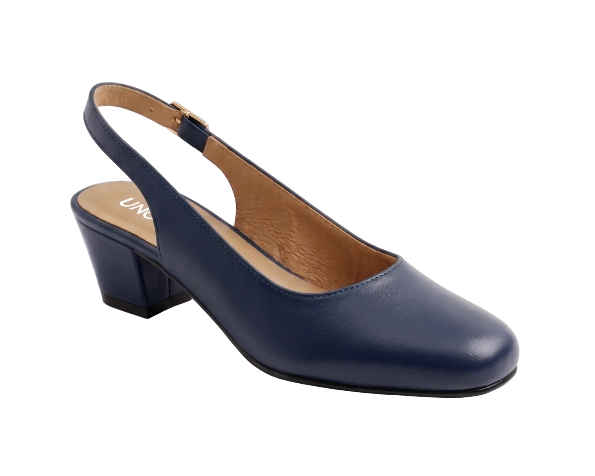 A single navy blue leather slingback pump with a low block heel and a tan insole, photographed on a clean white background.