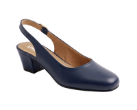 A single navy blue leather slingback pump with a low block heel and a tan insole, photographed on a clean white background.