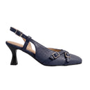 A navy blue leather slingback pump with a chunky black kitten heel and double buckle details on the toe, shown against a plain white background.