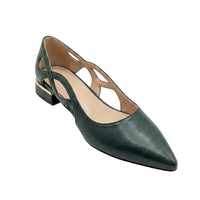 A dark green leather pointed-toe flat pump with cutout details on the sides and a low block heel, shown on a clean white background.