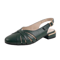 A dark green leather slingback sandal with cutout straps, a low block heel, and a gold buckle, shown on a reflective white surface.