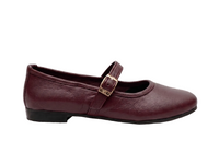 A single burgundy leather Mary Jane shoe with a gold-tone buckle strap, shown in profile against a white background.