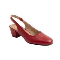 A single red leather slingback pump with a low block heel, shown from a side profile on a light off-white background.