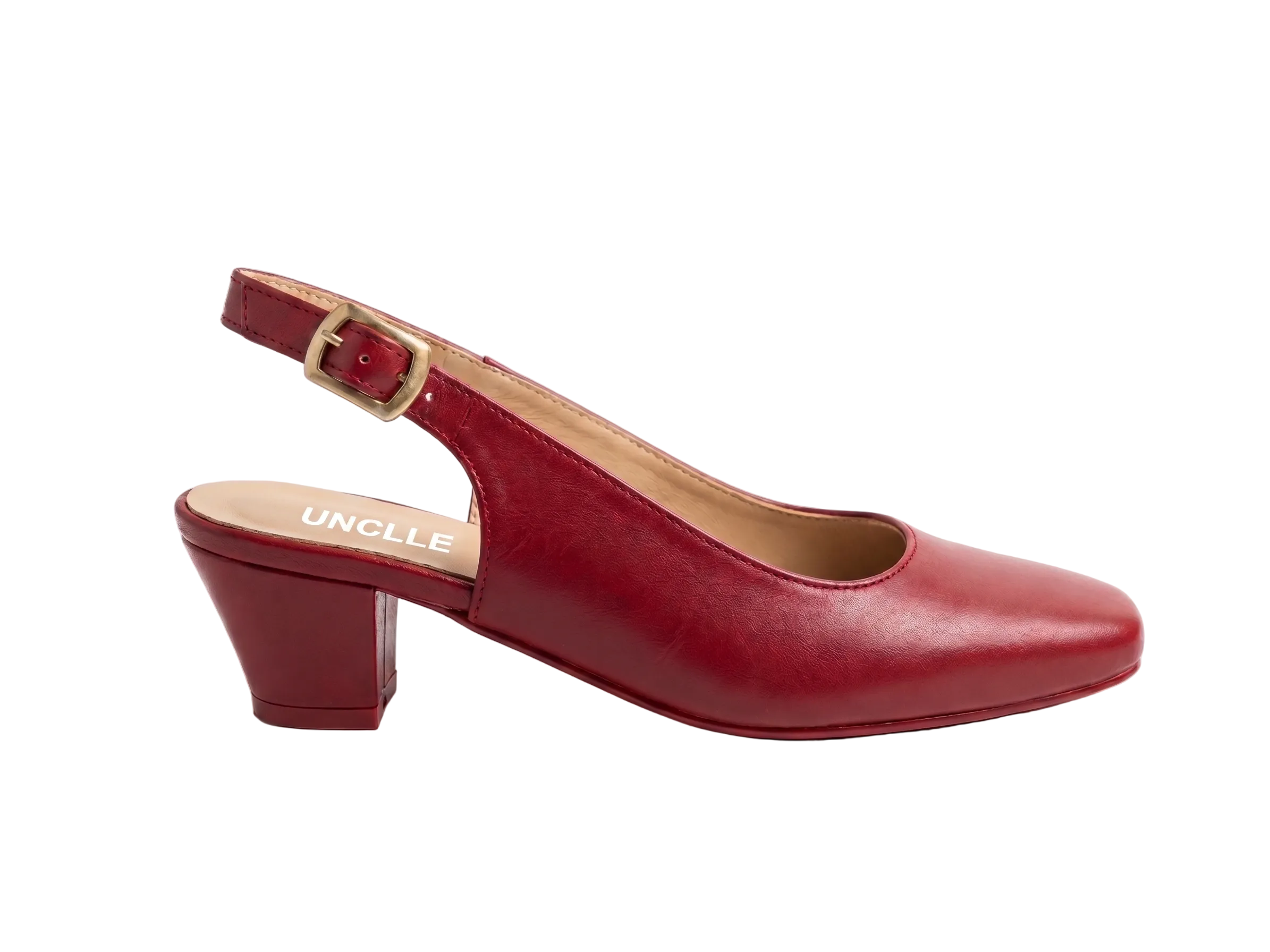 A single red leather slingback pump with a low block heel and gold buckle, shown in profile against a white marble background. The brand name 'UNCLE' is printed on the insole.