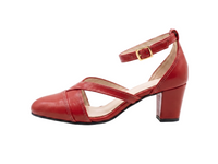 A red leather block-heel sandal with an ankle strap and a small gold buckle, shown in a side profile on a white background.