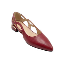 A single red leather pointed-toe flat shoe with cutout straps and a low block heel, shown on a clean white background.