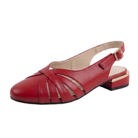 A red leather slingback sandal with a low block heel, cutout straps, and a gold buckle, shown on a reflective white surface.