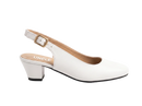 A white leather slingback pump with a low block heel and a gold buckle, shown from the side on a white background. The brand name 'UNCLE' is printed on the tan insole.