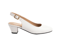 A white leather slingback pump with a low block heel and a gold buckle, shown from the side on a white background. The brand name 'UNCLE' is printed on the tan insole.