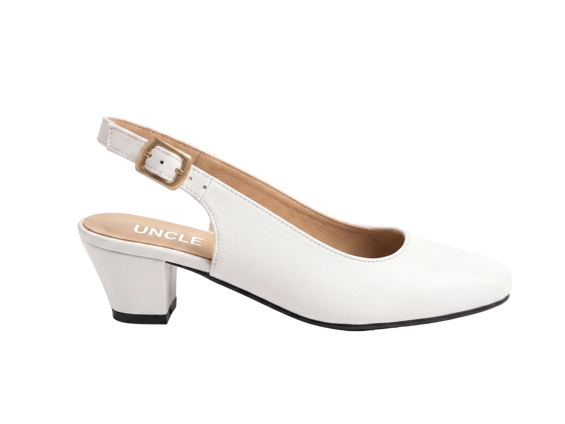 A white leather slingback pump with a low block heel and a gold buckle, shown from the side on a white background. The brand name 'UNCLE' is printed on the tan insole.