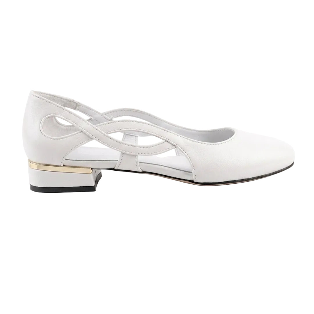 A white leather slingback flat shoe with cutout straps and a low block heel featuring a gold metallic accent, shown in profile against a white background.