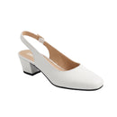A white leather slingback pump with a chunky block heel, shown from a side profile on a light gray background.