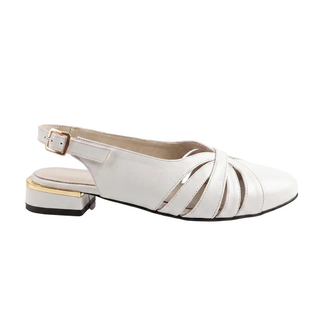A single white leather slingback sandal with a low block heel, gold accent on the heel, and a gold buckle, shown from a side profile on a white background.