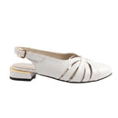 A single white leather slingback sandal with a low block heel, gold accent on the heel, and a gold buckle, shown from a side profile on a white background.