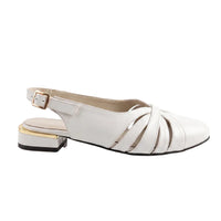 A single white leather slingback sandal with a low block heel, gold accent on the heel, and a gold buckle, shown from a side profile on a white background.