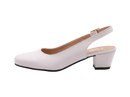 A white faux leather slingback pump with a low block heel and a small gold buckle, shown from a side profile on a light gray background. The insole displays the brand name 'UNCLE'.