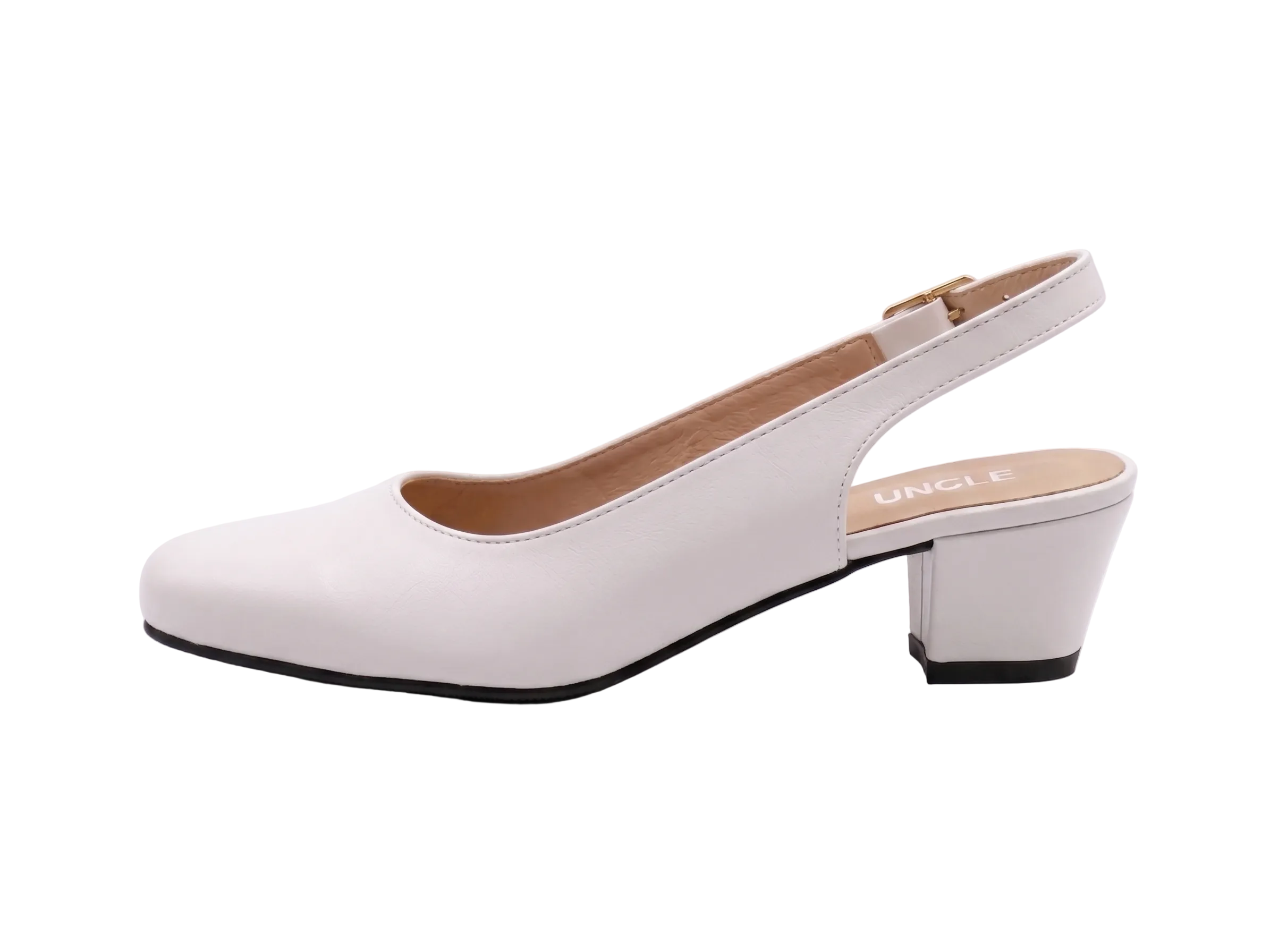 A white faux leather slingback pump with a low block heel and a small gold buckle, shown from a side profile on a light gray background. The insole displays the brand name 'UNCLE'.