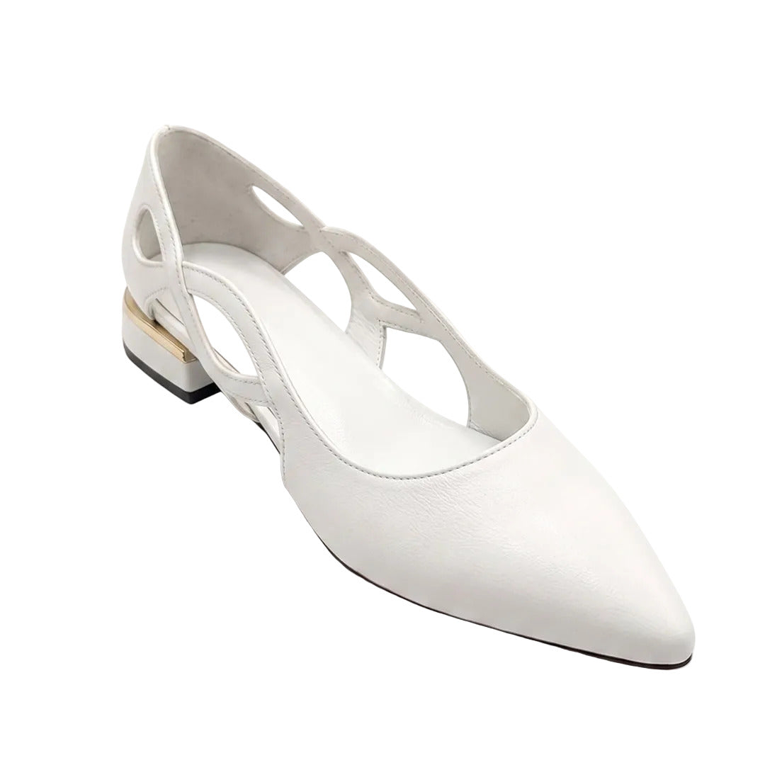 A white pointed-toe slingback flat shoe with cutout details on the upper and a low block heel, photographed on a clean white background.