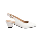A white slingback pump with a low block heel and a gold buckle, shown in profile against a white background. The brand name 'UNCLE' is printed on the tan insole.