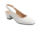 A white leather slingback pump with a chunky block heel, shown from a side profile on a light gray background.