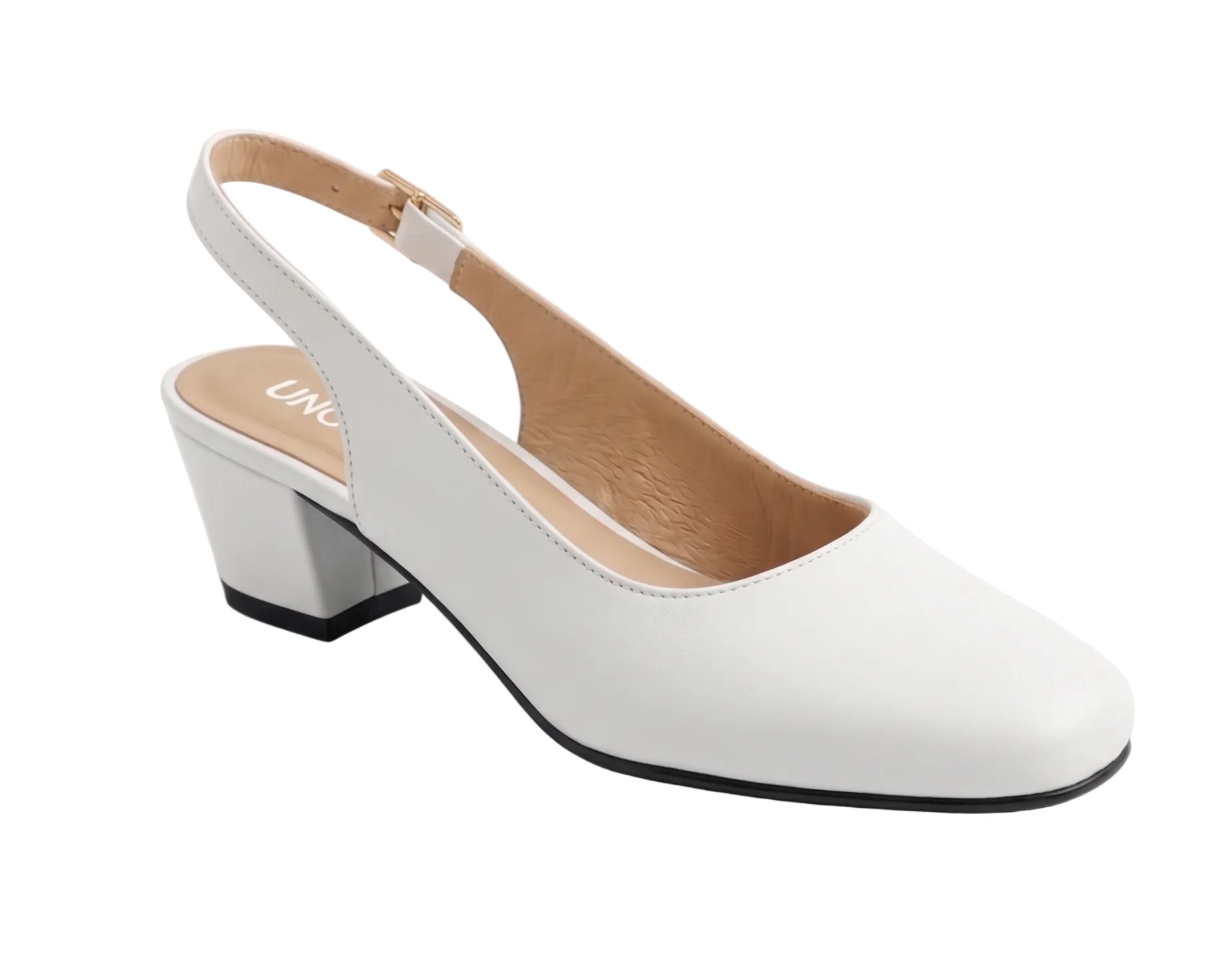 A white leather slingback pump with a chunky block heel, shown from a side profile on a light gray background.