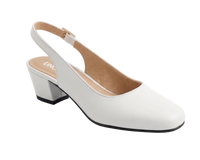 A white leather slingback pump with a chunky block heel, shown from a side profile on a light gray background.