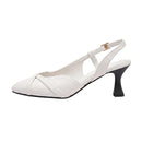 A white leather slingback pump with a low block heel, crisscrossing straps across the toe, and a small gold buckle on the ankle strap, shown against a plain white background.