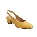 A single mustard yellow leather slingback pump with a low block heel, shown from a three-quarters angle on a light gray background.