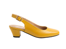 A single yellow leather slingback pump with a low block heel and a silver buckle, shown in profile against a white marble background. The brand name 'UNCLE' is printed on the insole.