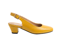 A single yellow leather slingback pump with a low block heel and a silver buckle, shown in profile against a white marble background. The brand name 'UNCLE' is printed on the insole.