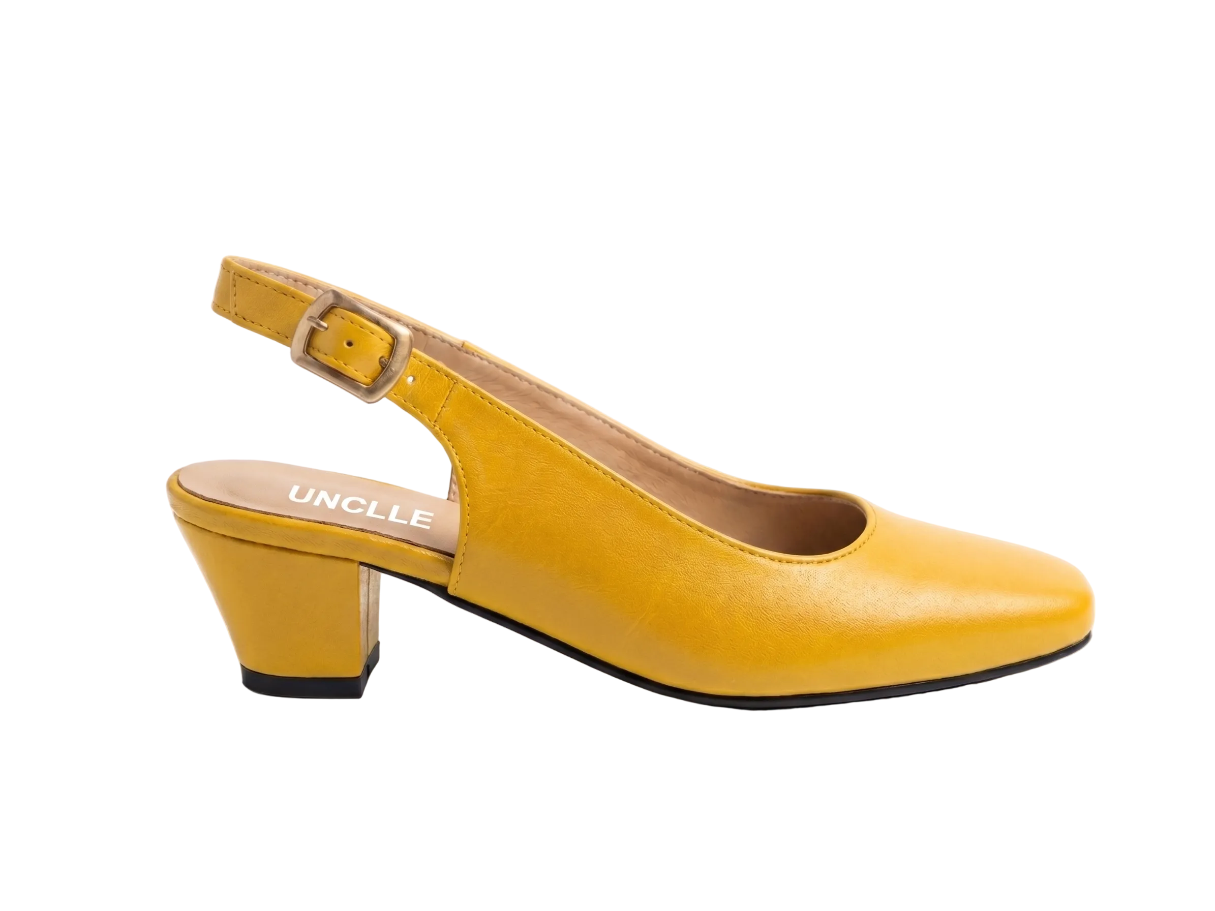 A single yellow leather slingback pump with a low block heel and a silver buckle, shown in profile against a white marble background. The brand name 'UNCLE' is printed on the insole.