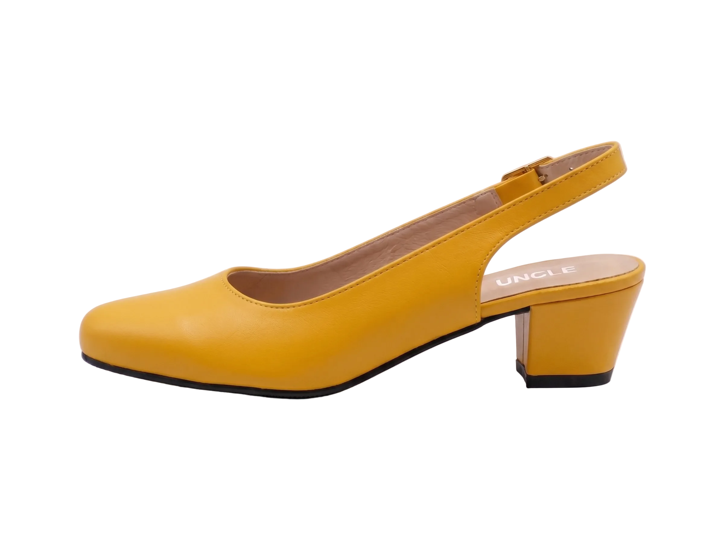 A single yellow leather slingback pump with a low block heel, shown in profile against a light gray background. The brand name 'UNCLE' is printed on the insole.