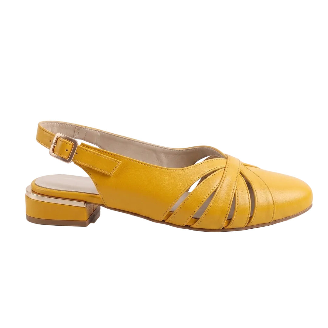 A single yellow leather slingback sandal with cutout straps and a low block heel, shown from a side profile on a white reflective surface.
