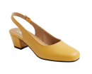 A single yellow leather slingback pump with a chunky block heel, shown from a side profile on a clean white background.