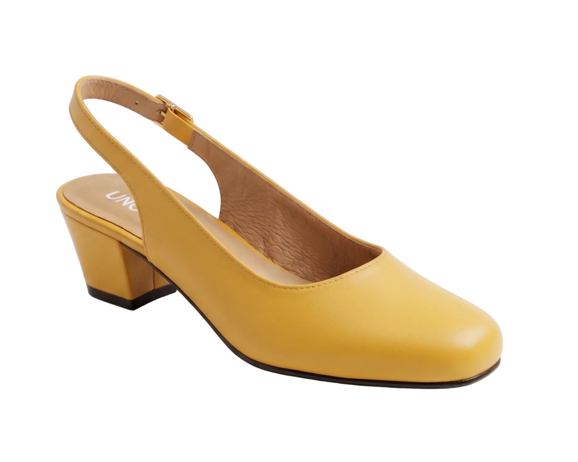 A single yellow leather slingback pump with a chunky block heel, shown from a side profile on a clean white background.