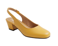 A single yellow leather slingback pump with a chunky block heel, shown from a side profile on a clean white background.