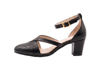 A single black leather block-heel sandal with a low-cut toe, crisscross straps, and an ankle strap with a gold buckle, shown in profile against a white background.